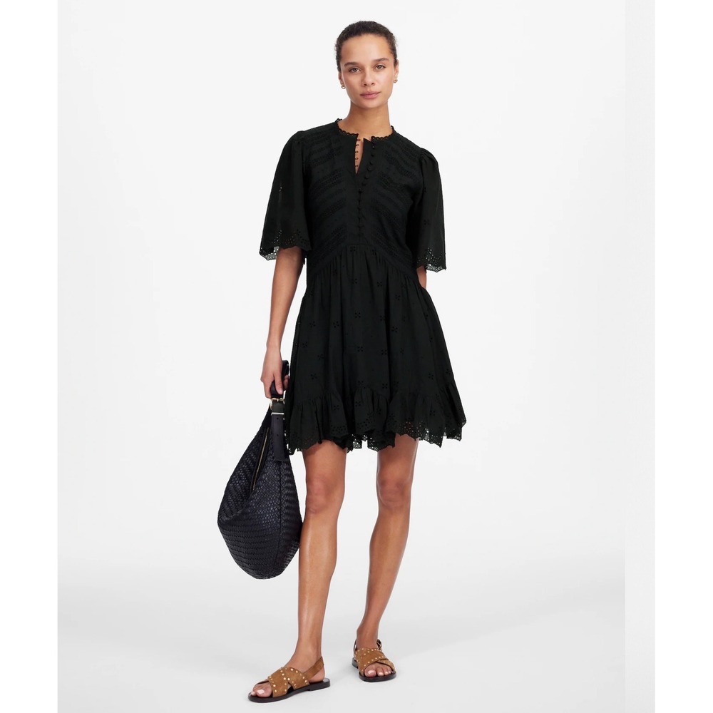 Madewell Black Eyelet Button Front Mini Dress NU556 Cotton Size 14